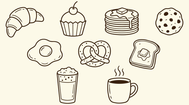 Morning breakfast doodle set with croissant cupcake pancakes cookie toast coffee and cafe food icons for menu design restaurant branding and packaging