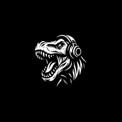 Naklejka premium Monochrome vector illustration of a roaring T-Rex dinosaur wearing modern headphones isolated on black background