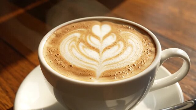 A white ceramic cup filled with a hot latte featuring elegant leaf latte art, resting on a white saucer with a metal spoon on a wooden table under natural warm sunlight.