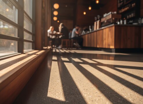 Sunlight casting long shadows on the floor of a modern coffee shop interior with blurred people