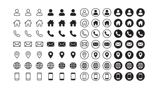 Comprehensive set of contact icons in multiple styles, featuring user, home, phone, email, location, and global communication symbols
