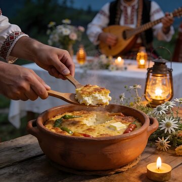 Albanian Fergese Traditional Wedding Food Clay Pot Hands Serving Golden Hour