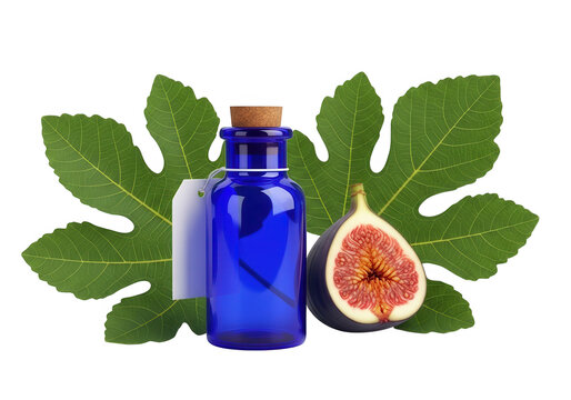 Blue bottle with fresh figs and green leaves isolated on transparent background
