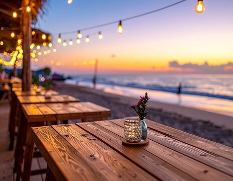 Chiringuito elegante frente al mar, mesas de madera, luces decorativas, ambiente acogedor, tarde de verano