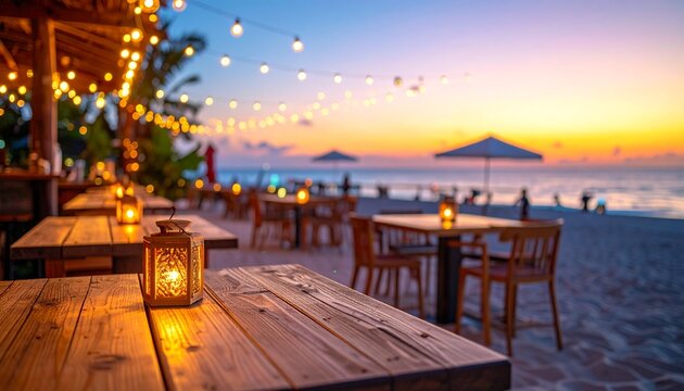 Chiringuito elegante frente al mar, mesas de madera, luces decorativas, ambiente acogedor, tarde de verano