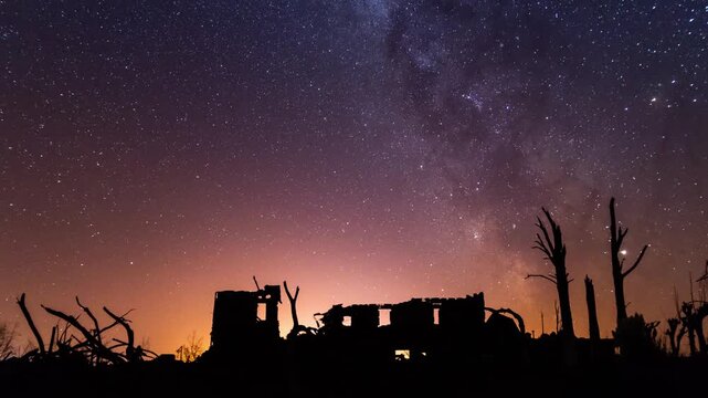 Ruined Building Silhouette Under the Milky Way at Night