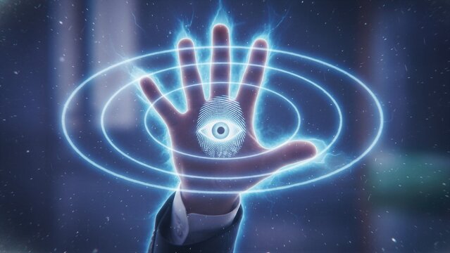 Man hand interacting with glowing blue digital interface in shape of eye. Futuristic holographic projection and sci-fi alien technology. Paranormal mystery and cyber security concept.