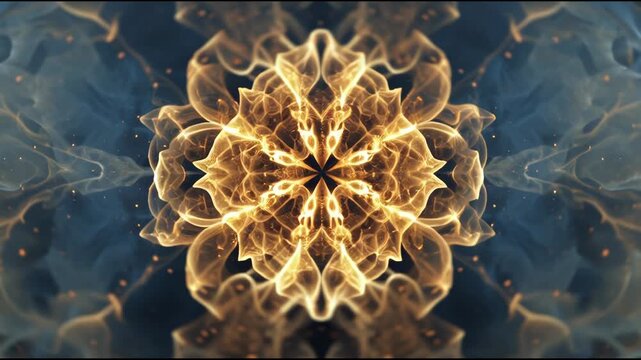 Abstract Golden Fractal Pattern with Ethereal Smoke and Light.