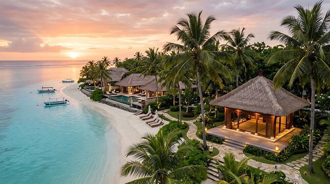Luxury tropical beach resort at sunset with turquoise water and palms