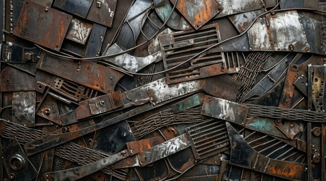 Abstract industrial metal background featuring welded scrap steel plates and weathered rustic textures