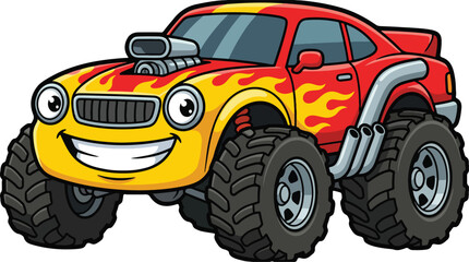 Cute Cartoon Monster Truck with Flame Stickers Illustration, Funny Red and Yellow Hot Rod Car Character Design Isolated © MDBodrulIslam