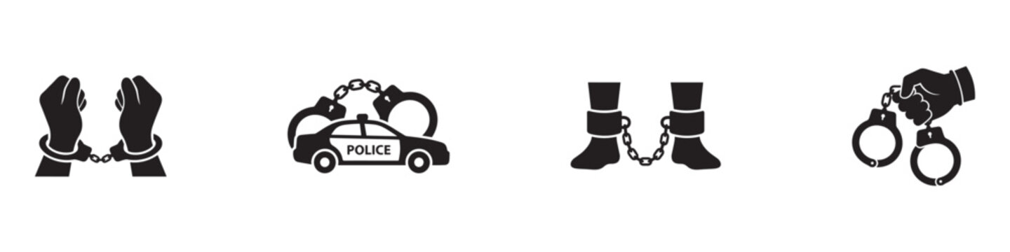 Criminal arrest and police operations icon set. Handcuffed hands, patrol car, leg irons and prisoner custody symbols. Vector illustration.