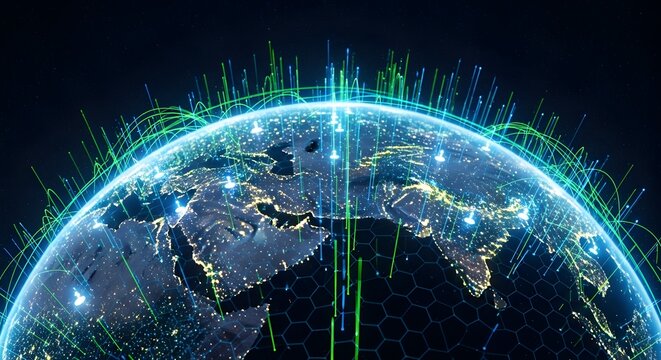 Illuminated planet earth from space featuring hexagonal grid overlays and rising glowing data beams.