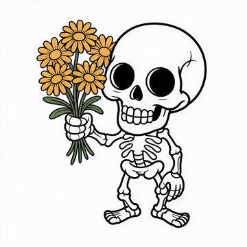 Cartoon skeleton holding yellow flowers in hand isolated on transparent background transparent background