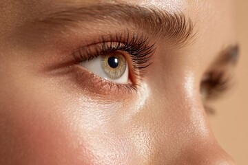 Fototapeta premium Close-up portrait of a woman with long false eyelashes and subtle makeup, soft studio lighting
