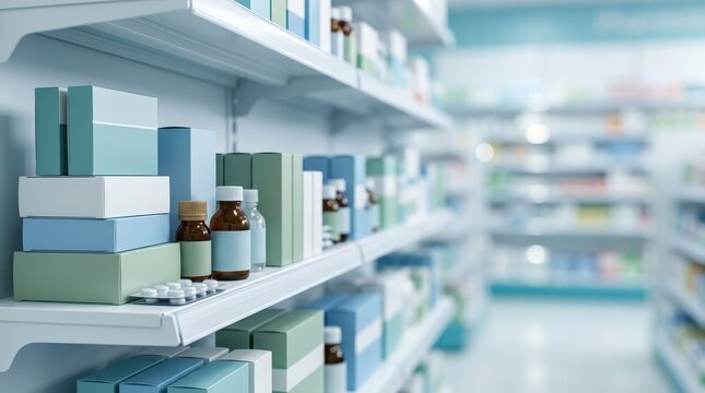 Pharmacy shelf stocked with generic cold medicine and pharmaceutical products