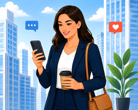 Business Growth Success Concept with Happy Professional Woman Celebrating Achievement through social media