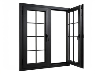 Obraz premium Open black casement window with grid panes, white background