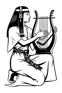 Ancient Egyptian Woman Playing Lyre. Vector clipart isolated on white.