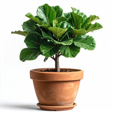 Lush green potted plant with large, glossy leaves against white