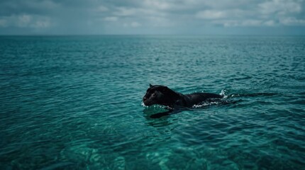 Fototapeta premium Black panther swimming alone in deep teal ocean under moody cloudy sky. solitary big cat crossing open water creating ripples and isolated dramatic marine scene.
