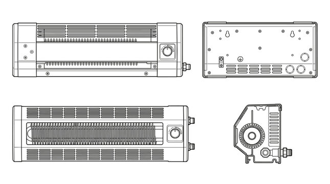 Baseboard heater household heating system technical drawing blueprint with front side back and side views CAD line art vector illustration