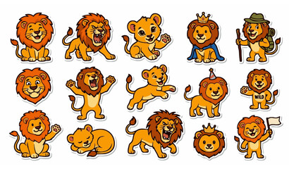 Fototapeta premium Cute Lion Vector Character Set with Cartoon Safari Animal Poses for Kids and Stickers