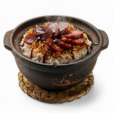 Bao Zai Fan Claypot Rice Isolated on White Background Square Composition Studio Shot