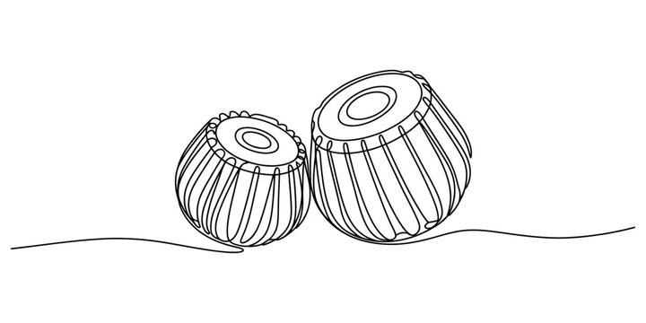 Minimalist continuous line drawing of two tabla drums, vector illustration