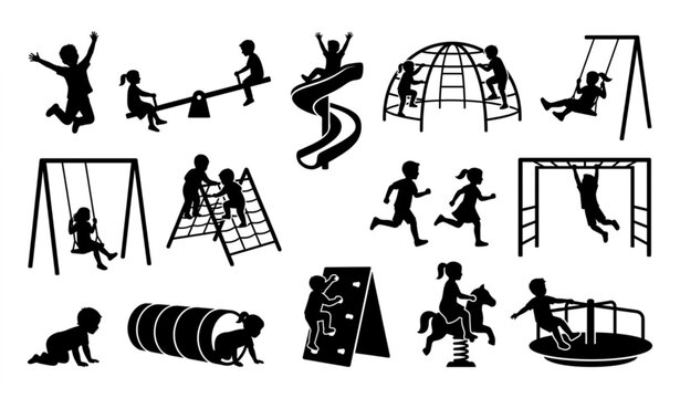 Children's playground silhouettes with kids playing on various equipment