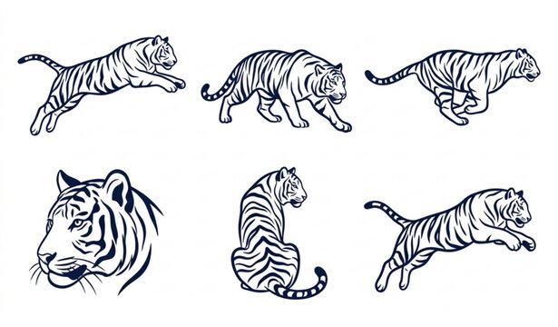 Collection of six dynamic tiger illustrations in various poses