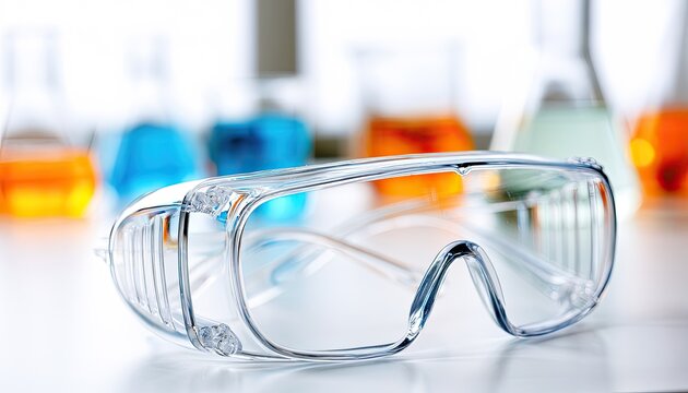 Clear safety goggles resting on a lab bench with colorful flasks in soft focus