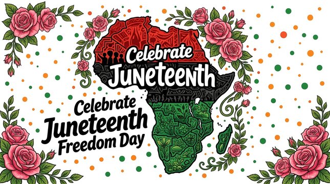 Juneteenth Freedom Day celebration banner, Africa map silhouette with Pan-African flag colors, floral pink roses and decorative polka dots background