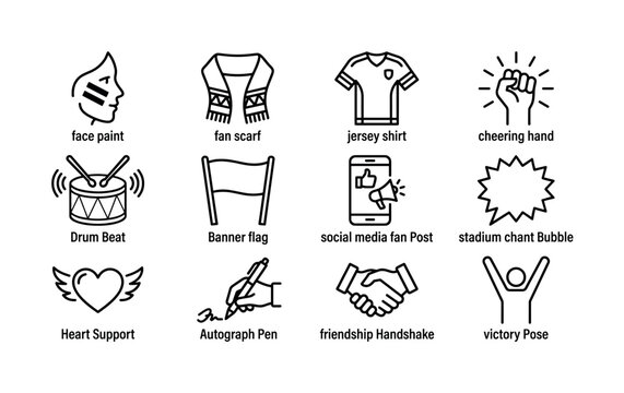 Fan culture and support. Line outline icon set of Fan culture and support: face paint, fan scarf, jersey shirt, cheering hand, drum beat, banner flag, social media fan post, stadium chant bubble,