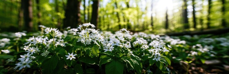 Fototapeta premium Tiny white wildflowers bloom profusely in a sun-dappled, verdant forest