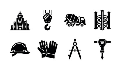 Naklejka premium Urban Tower Development. Filled icon set of Urban Tower Development: city skyscraper, crane hook, concrete truck, steel structure, site helmet, construction gloves, drafting compass, jackhammer. Solid