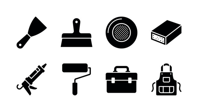 Wall Repair Equipment. Filled icon set of Wall Repair Equipment: flexible putty knife, drywall trowel, plaster patch, sanding sponge, caulking gun, paint roller, toolbox, work apron. Solid icons set.