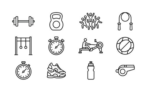 Participating in a CrossFit class with a group of people. Line outline icon set of Participating in a CrossFit class with a group of people: barbell, kettlebell, group workout, jump rope, pull up rig,
