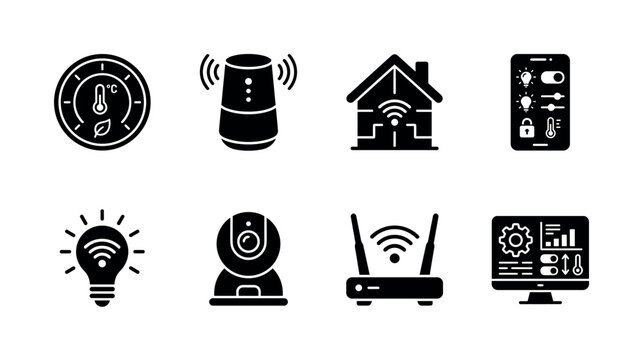 Smart Home Automation. Filled icon set of smart home automation: smart thermostat, voice assistant speaker, connected house, mobile control app, smart lighting bulb, security camera, wireless router,
