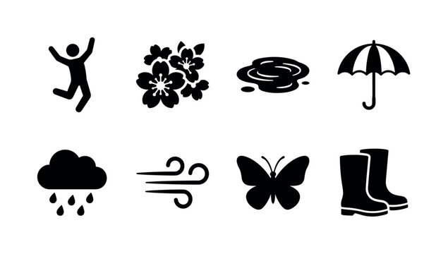 Joyful Rain Dance. Filled icon set of Joyful Rain Dance: dancing figure, spring blossoms, rain puddle, striped umbrella, dripping clouds, motion swirls, butterfly, rubber boots. Solid icons set. All