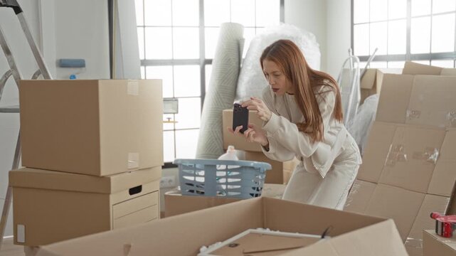 Woman leaning forward holding smartphone photographing cardboard moving boxes and packing tape in studio windows lit room; organization focus.