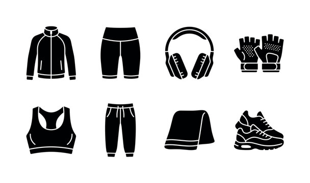 Modern fitness fashion. Filled icon set of Modern fitness fashion: athletic jacket, biker shorts, wireless headphones, training gloves, sports bra, jogger pants, gym towel, performance sneakers. Solid