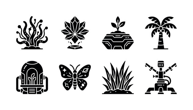 Extraterrestrial garden ecosystem. Filled icon set of Extraterrestrial garden ecosystem: tentacle plant, floating crystal flower, futuristic planter, alien palm tree, oxygen pod, cosmic butterfly,