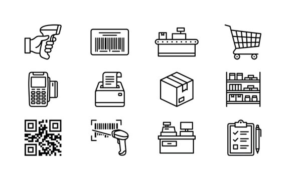 Barcode scanner in use. Line outline icon set of Barcode scanner in use: handheld barcode scanner, product barcode label, checkout counter, shopping cart, POS terminal, receipt printer, package box,