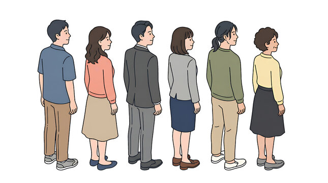 同じ方向を向いて一列に並んでいる多世代の日本人の男女6人が立っている後ろ姿