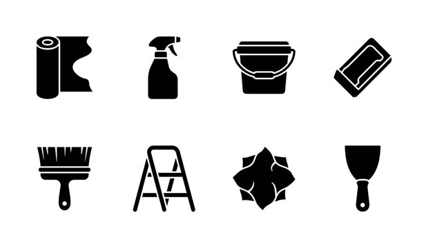 Home Wall Renovation. Filled icon set of Home Wall Renovation: peeling wall paper, spray sprayer, putty bucket, sanding block, wallpaper brush, ladder stool, cleaning rag, repair trowel. Solid icons