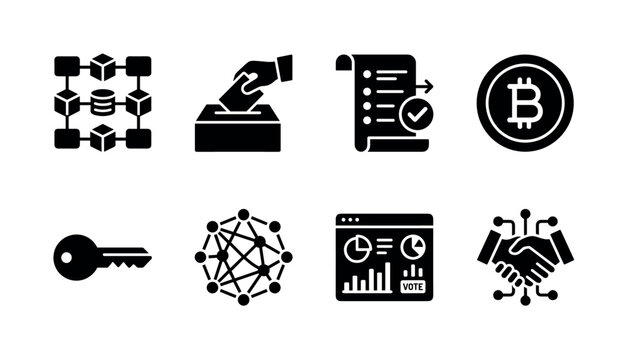 Blockchain governance systems. Filled icon set of Blockchain governance systems: distributed ledger, voting ballot, governance proposal, cryptocurrency coin, secure key, peer network, DAO dashboard,