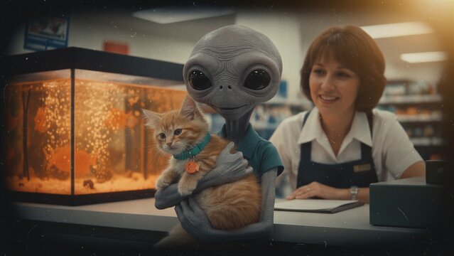Alien holding a kitten in a pet store with a friendly woman employee standing behind. Extraterrestrial creature encounter, science fiction exploration, cinematic storytelling and wonder.