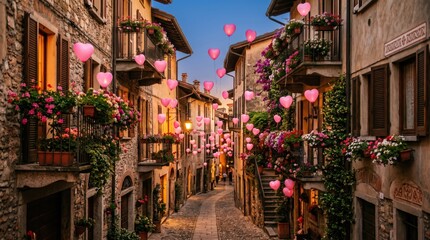 Naklejka premium Narrow cobblestone alley lined with stone buildings, hanging heart balloons, and flower-filled balconies, creating a romantic evening festival ambiance in a quaint village.