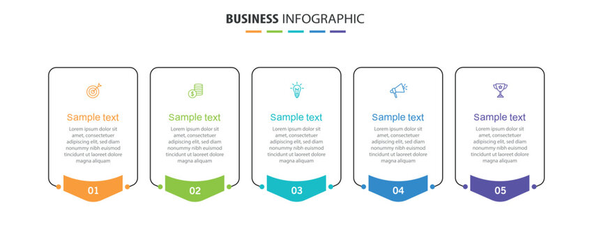 Business infographic design template with 5 options, steps or processes. Can be used for workflow layout, diagram, annual report, web design